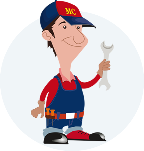 Mascote da MC Soluções: encanador de boné vermelho segurando uma chave